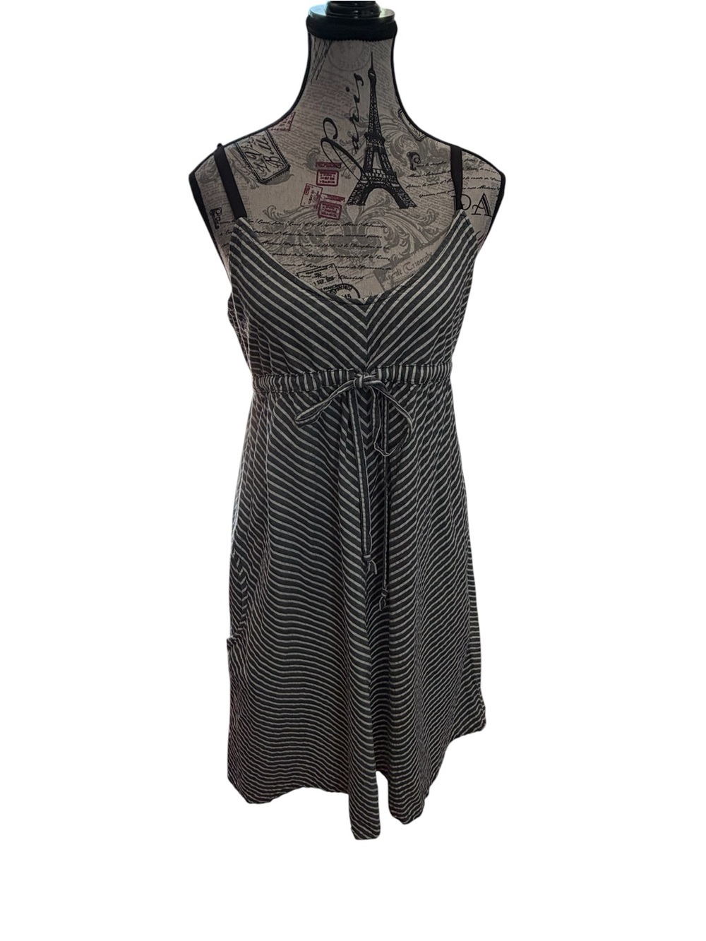 split Gray & White Striped V-Neck Tie-Waist Midi Dress